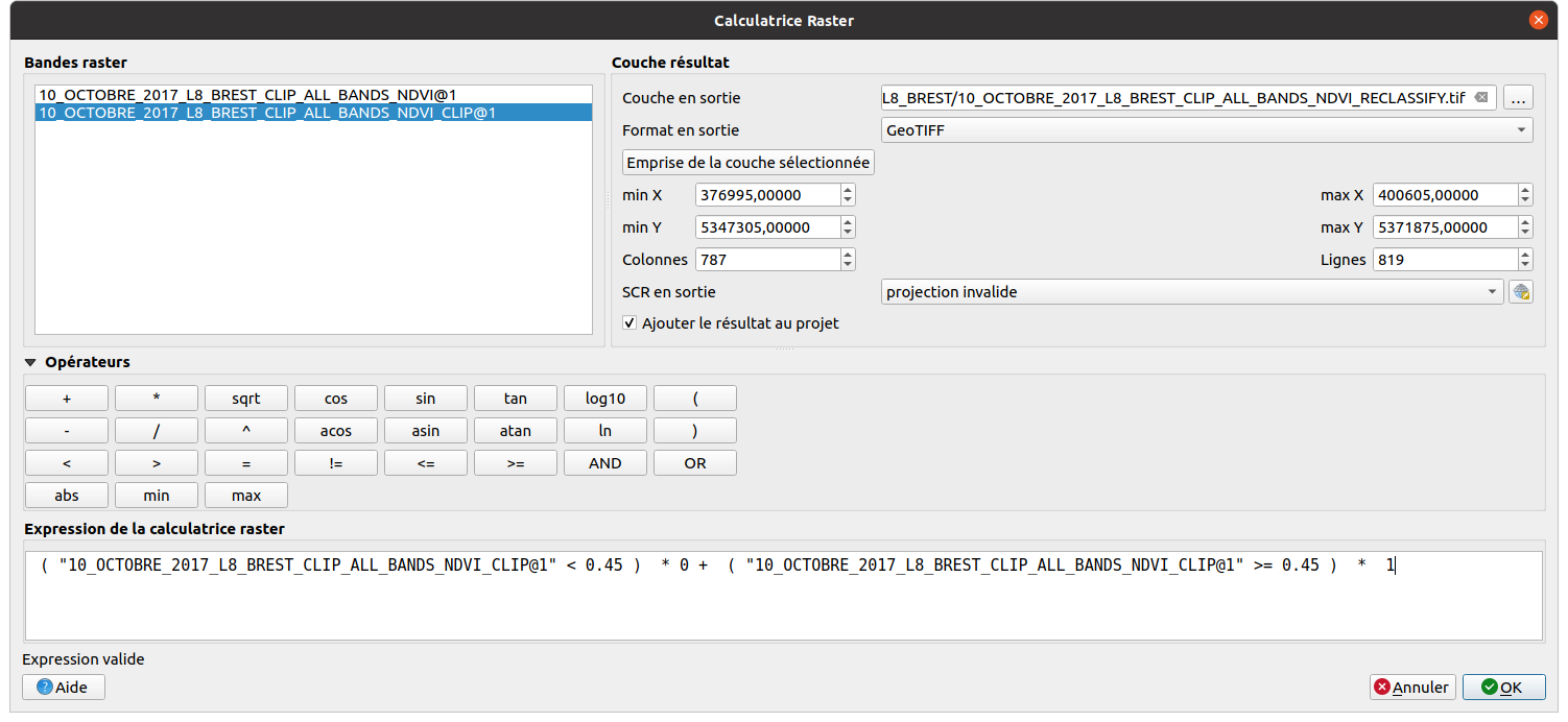 Calculatrice raster pour classifier le raster